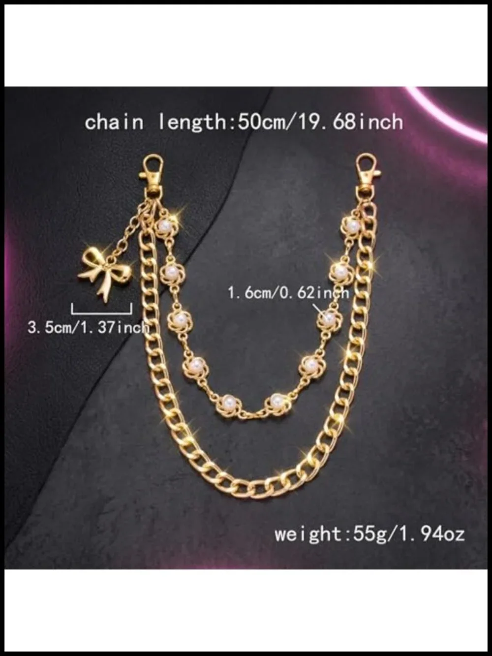 Layered Gold Pants Chain with Faux Pearls Bow Charm Adjustable Waist Chain Y2K